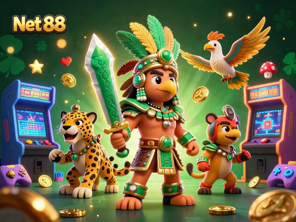 Engage with Net 88 in an energetic scene featuring Aztec warriors and vibrant gaming elements.