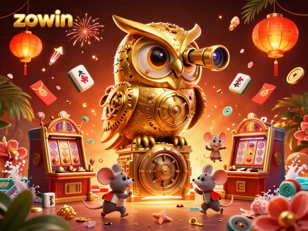 Zowin invites excitement with a cartoon clockwork owl surveying a dynamic casino filled with games and treasures.