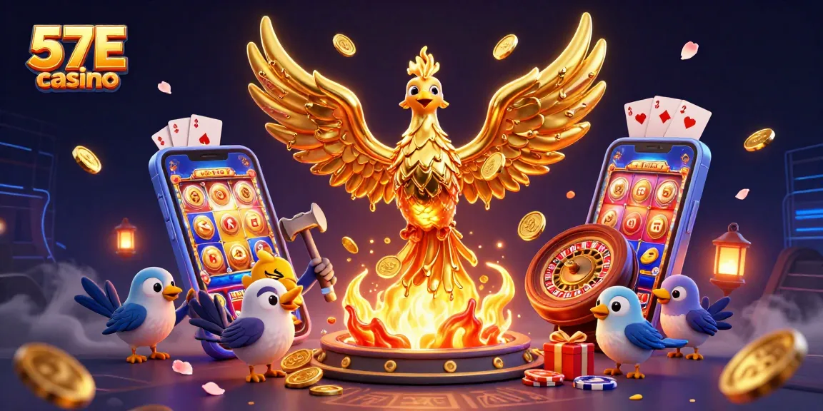 Engage in 57E casino's thrilling world with golden phoenix, spinning slots, and dynamic gaming action.