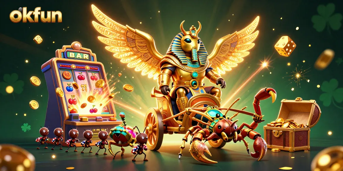 Experience thrilling gaming at OKFUN with a vibrant 3D scene of casino excitement, featuring golden elements.