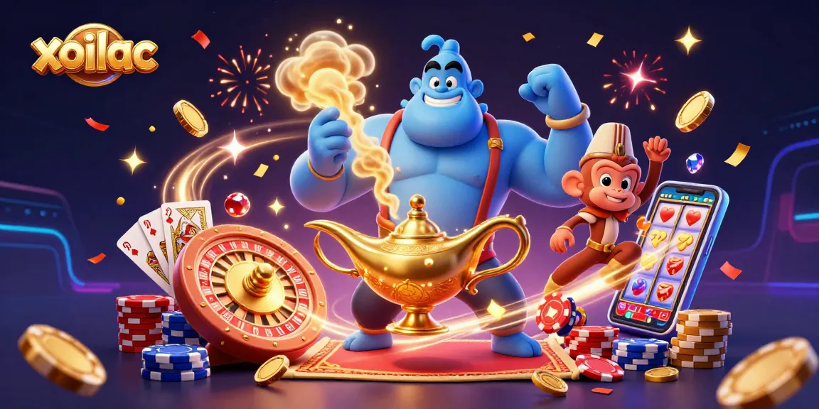 Experience exciting gambling with xoilac's 3D genie and poker chips in a vibrant casino scene.