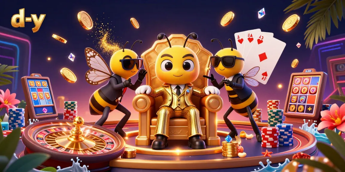 d-y promotional 3D casino illustration featuring a bumblebee mob boss and sparkling gaming elements.