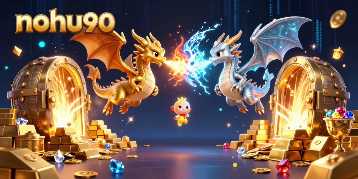 Nohu90 engages players with a stunning 3D scene featuring golden and silver dragons, vibrant treasures, and dynamic gaming elements.