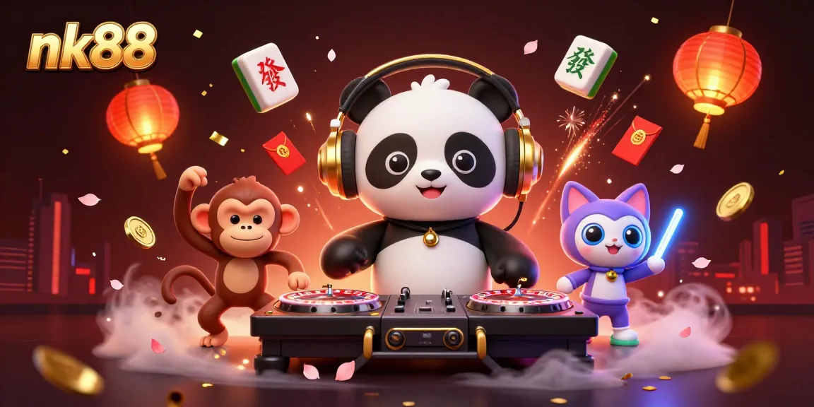 Experience the thrill of nk88 casino with vibrant characters dancing amidst shimmering symbols and colorful decorations.