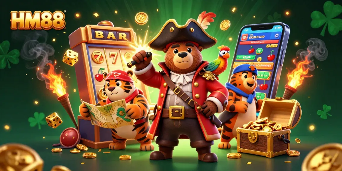 Engage with HM88's thrilling jackpot slots featuring a cartoon bear, tiger, and vibrant casino elements.