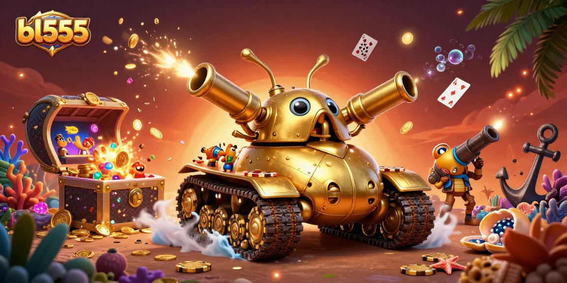 Engage with bl555's vibrant casino adventure featuring a golden beetle tank and treasure elements.