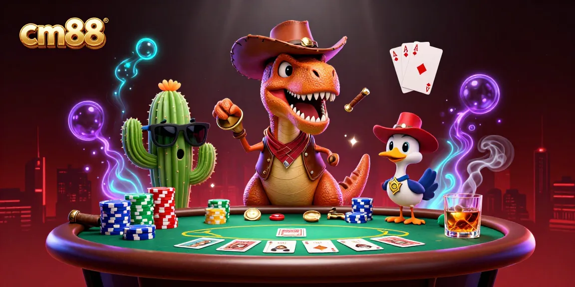 Experience high stakes with cm88 at a vibrant poker scene featuring a T-Rex cowboy and casino elements.