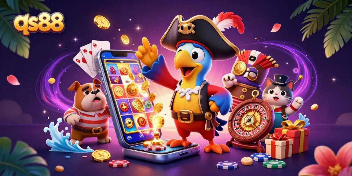 Spin to win with qs88 in dynamic 3D cartoon casino illustration featuring engaging characters and vibrant game elements.