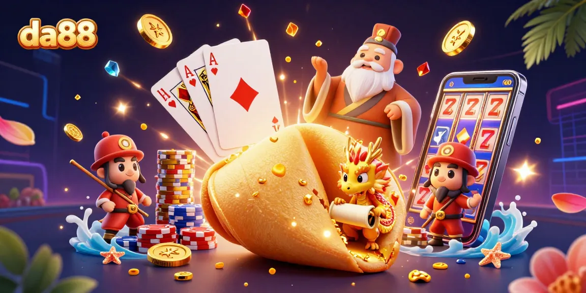 Engage with da88’s vibrant cartoon casino scene featuring a wise dragon and golden fortune cookie.