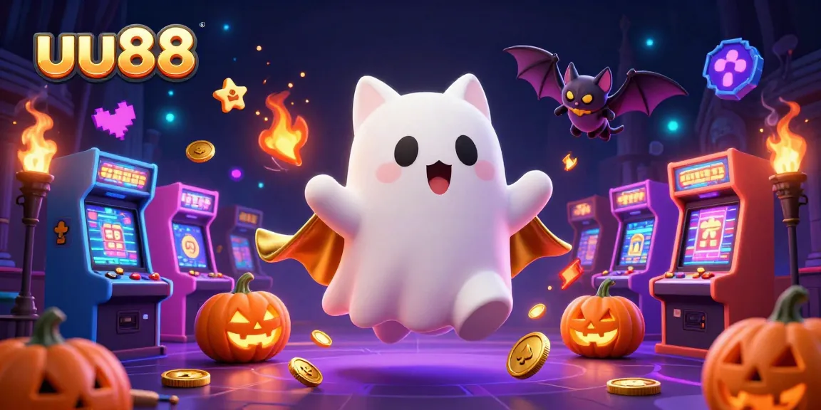 uu88 offers thrilling gaming experiences with a ghost cat and a vampire bat in a vibrant casino setting.