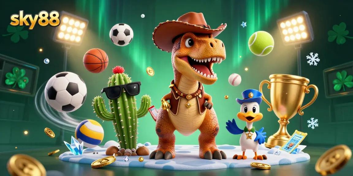Get ready to win with sky88 in this vibrant 3D illustration featuring a dynamic casino scene.