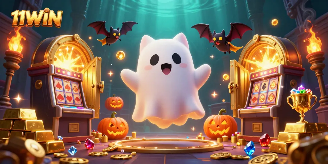 Engage with thrilling slots at 11WIN featuring a ghost cat, treasures, and vibrant Halloween elements.