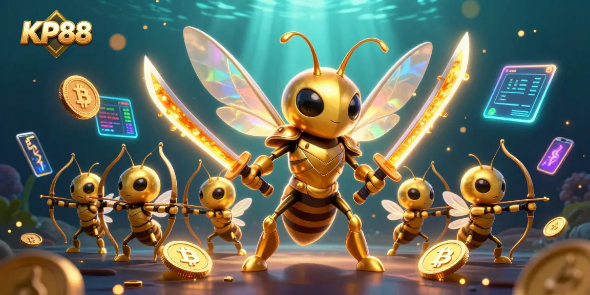KP88 engages players with a vibrant 3D illustration showcasing crypto elements and dynamic gambling action.