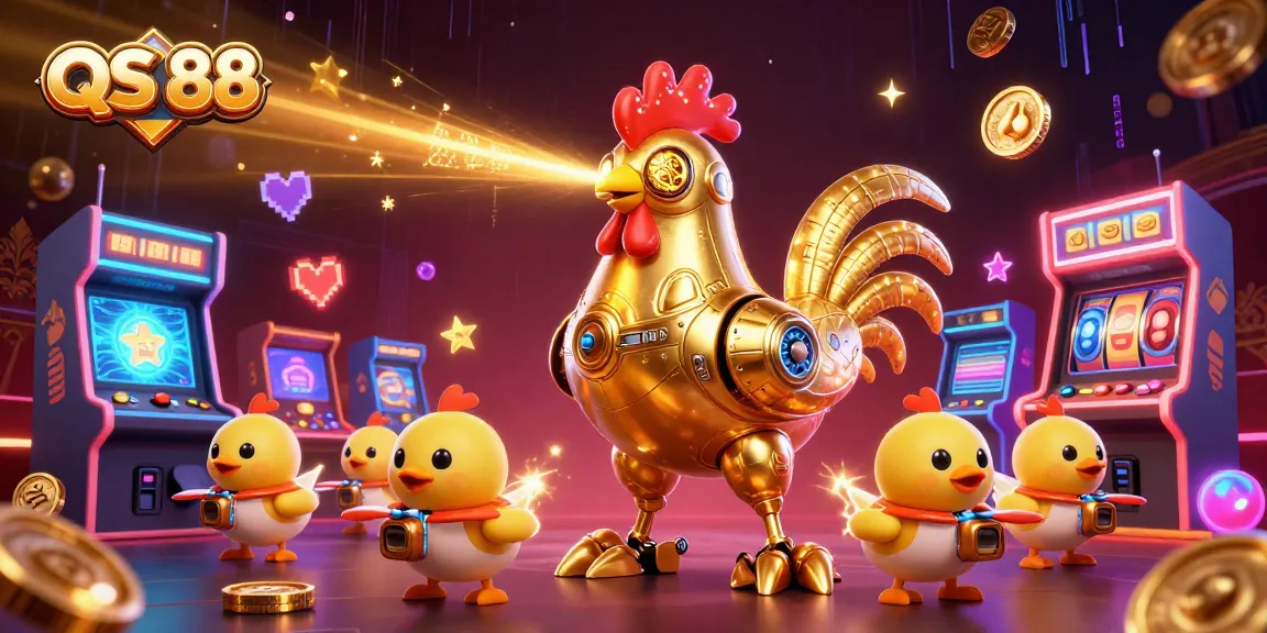 Experience QS 88's vibrant gaming adventure with a golden rooster robot amidst dazzling arcade and casino elements.