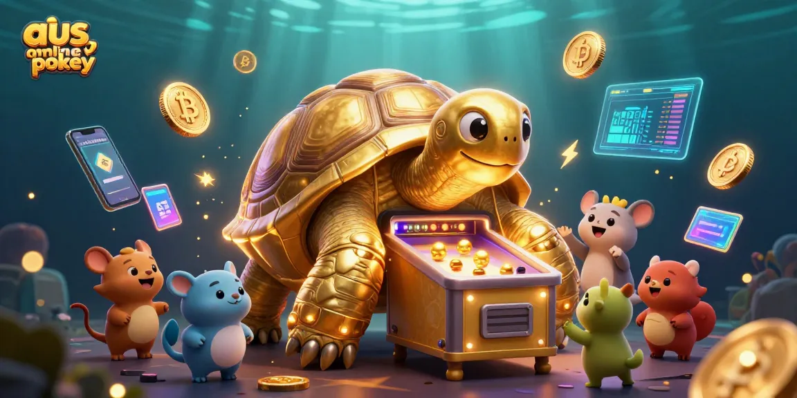 Experience the fun of aus online pokies as excited animals line up to play on a giant tortoise pinball machine.