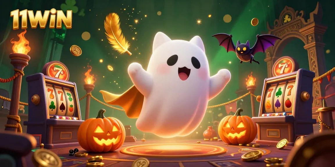 Play exciting games with 11WIN in a vibrant casino scene featuring a friendly ghost cat and glowing jack-o-lanterns.