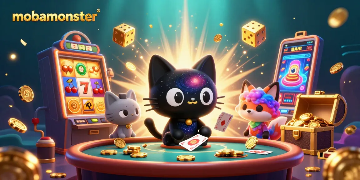 Spin big with mobamonster as a cartoon cat draws in wins at a cosmic casino table.
