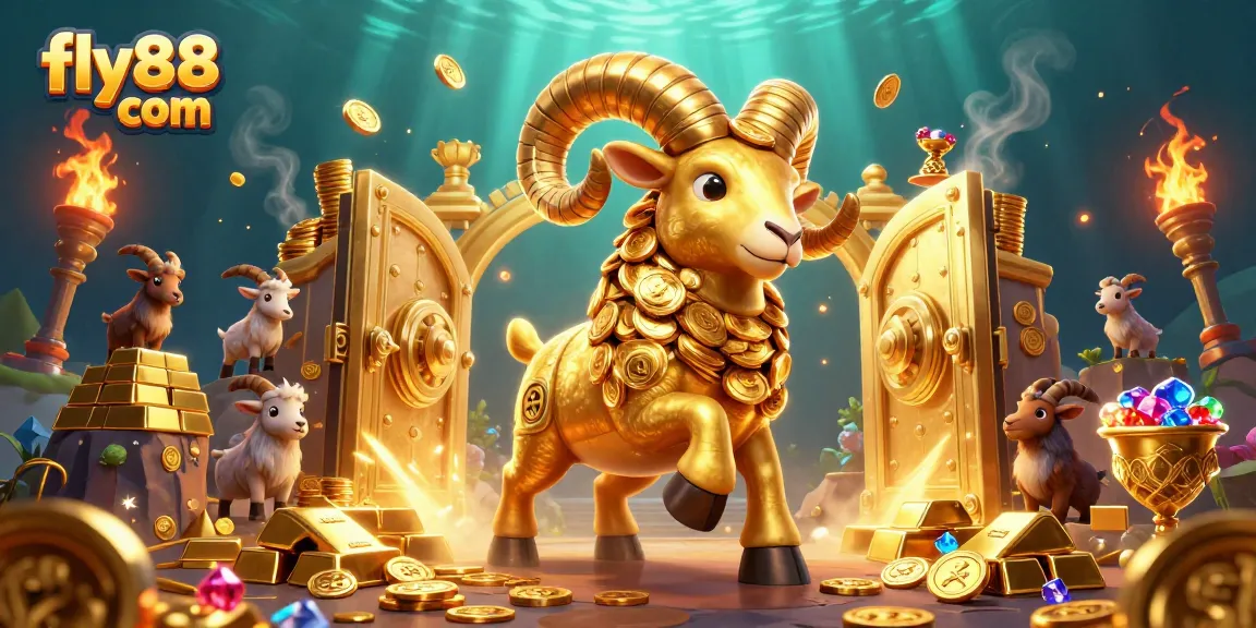 Engage in the excitement of fly88 com with three 3D characters charging towards a golden vault bursting with treasures.