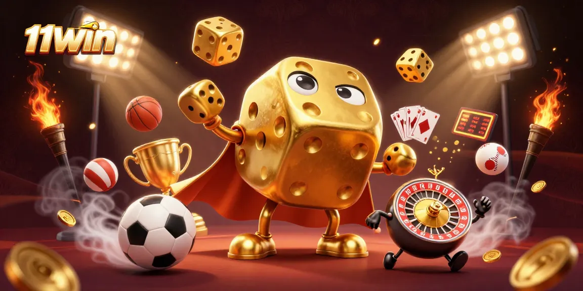 Engaging 11WIN illustration of a golden dice golem surrounded by sports elements, showcasing exhilarating casino action.