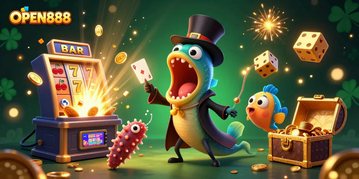 Join the magic at OPEN888, where a deep-sea eel performs tricks amid jackpot slots and vibrant gaming elements.