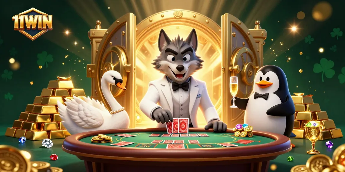 Engage with thrilling baccarat at 11WIN featuring a debonair wolf and sophisticated characters.