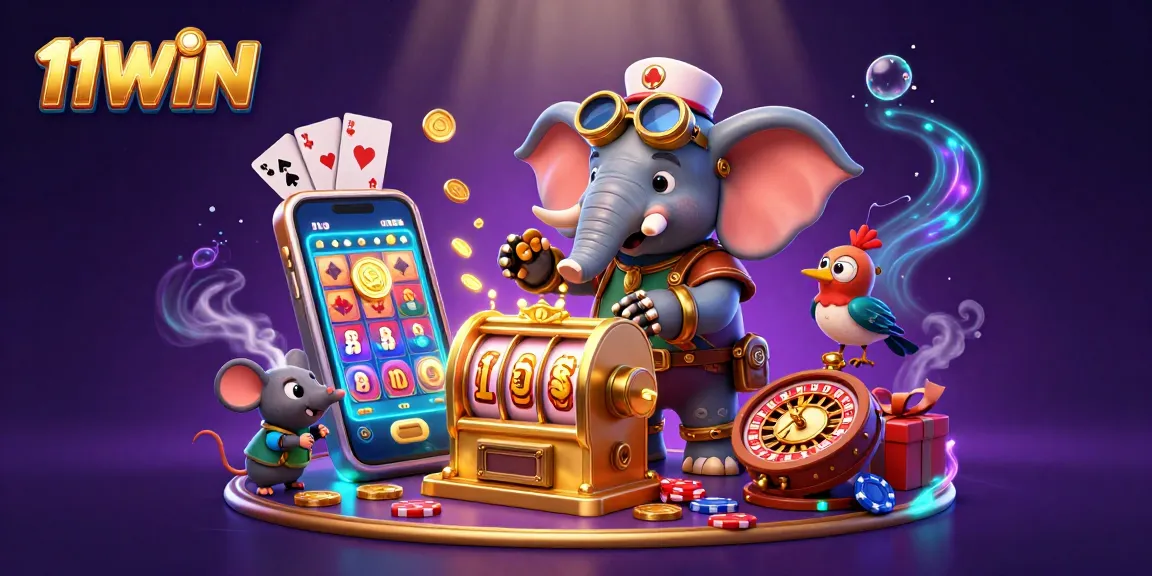 Experience thrilling gaming at 11WIN with a vibrant steampunk casino scene featuring dynamic characters and slot games.