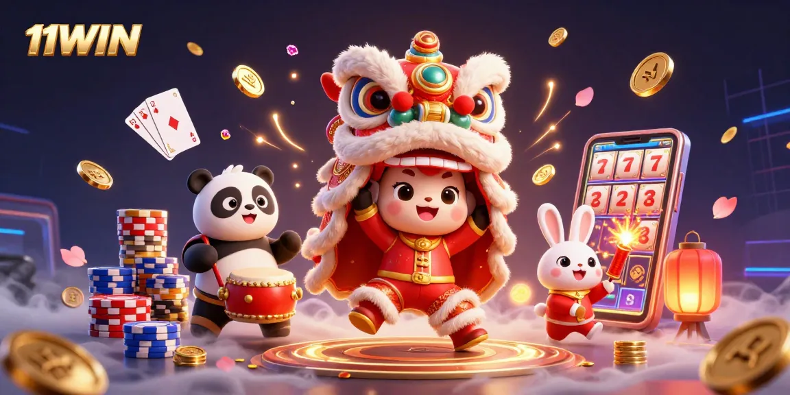 Engage in vibrant casino excitement with 11WIN's lion dance and festive characters amidst dazzling rewards.