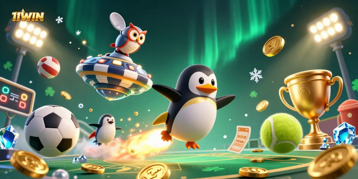 11WIN showcases exciting gameplay as a golden penguin blasts towards a casino in 3D illustration.