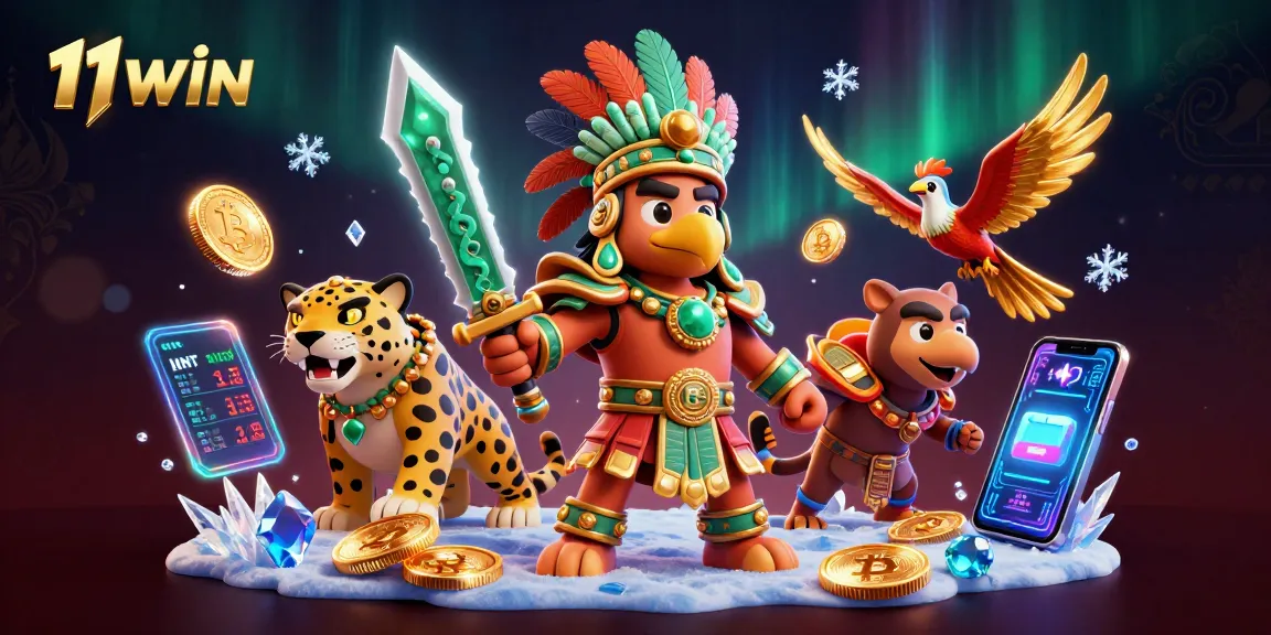 Engage with 11WIN's captivating 3D illustration showcasing Aztec warriors and crypto elements.