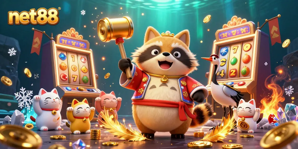 Experience the excitement of net88 slots with festive characters and vibrant elements in a 3D casino landscape.