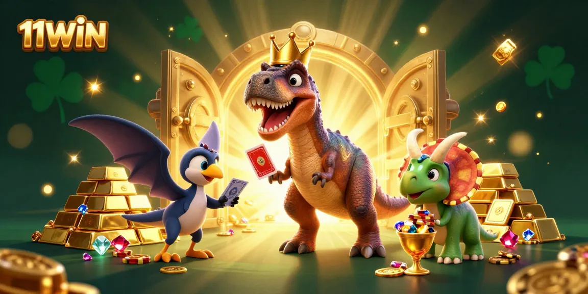 Experience the excitement of 11WIN with a vibrant T-Rex shuffling cards amid a treasure-filled scene.