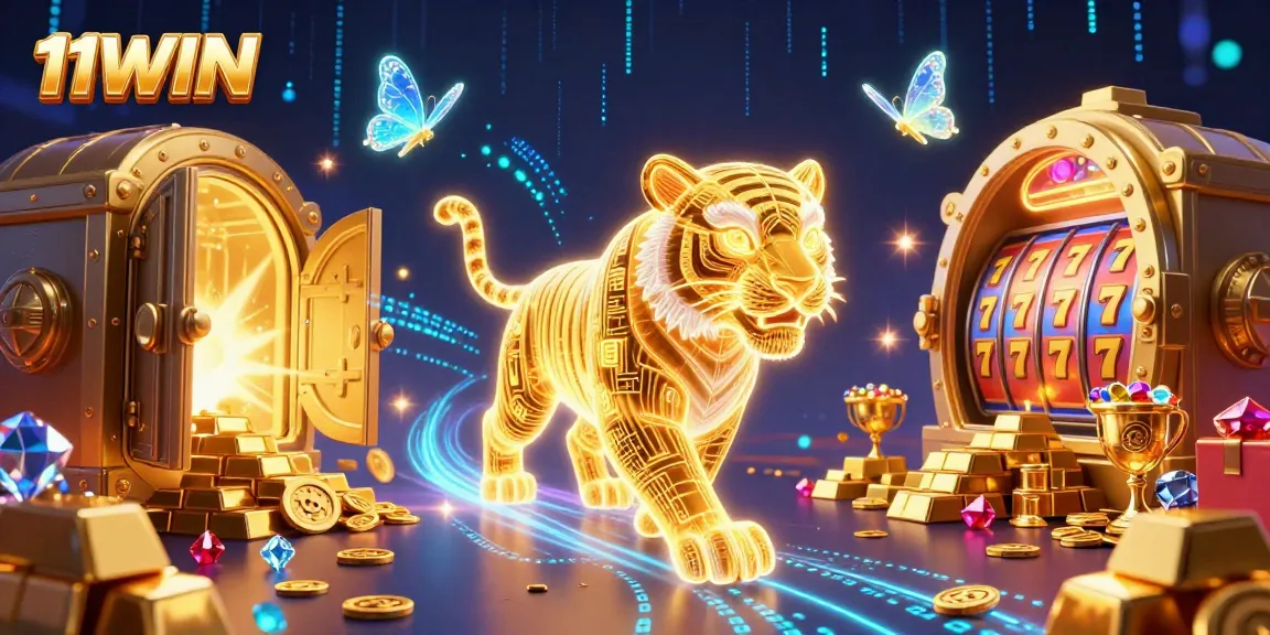 Experience the thrill of 11WIN with a vibrant casino scene featuring dazzling golden treasures and engaging slot reels.