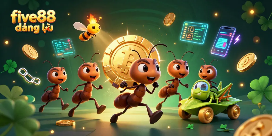 Engage with five88 đăng nhập as ants execute a thrilling heist with a giant poker chip amidst glowing crypto elements.