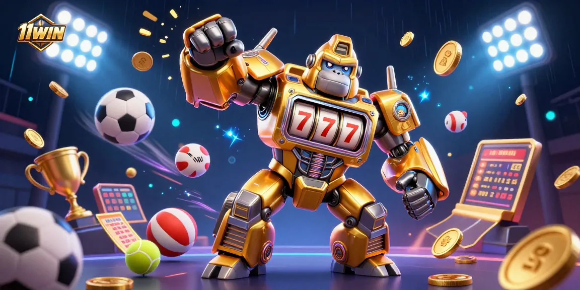 11WIN showcases a dynamic 3D illustration featuring a golden gorilla mech and sports betting excitement.