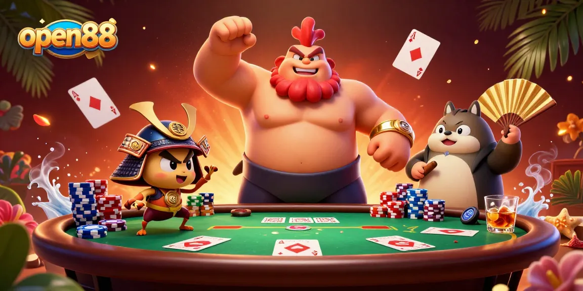 open88 showcases a vibrant poker scene featuring a powerful sumo rooster, fierce cricket, and tanuki announcer.